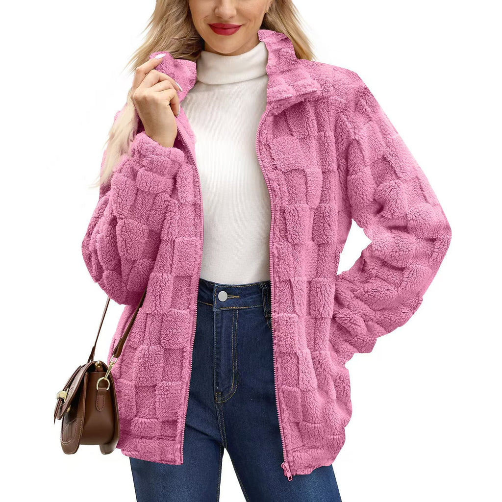 Checkerboard Texture Plush Zip Front Coat - RoseRed