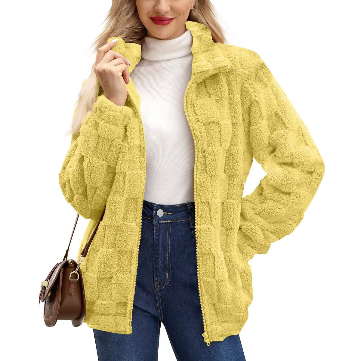Checkerboard Texture Plush Zip Front Coat - Yellow
