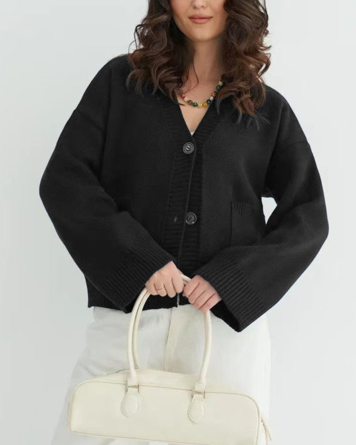 Relaxed V-Neck Pocket Button Knit Cardigan - Black - 1