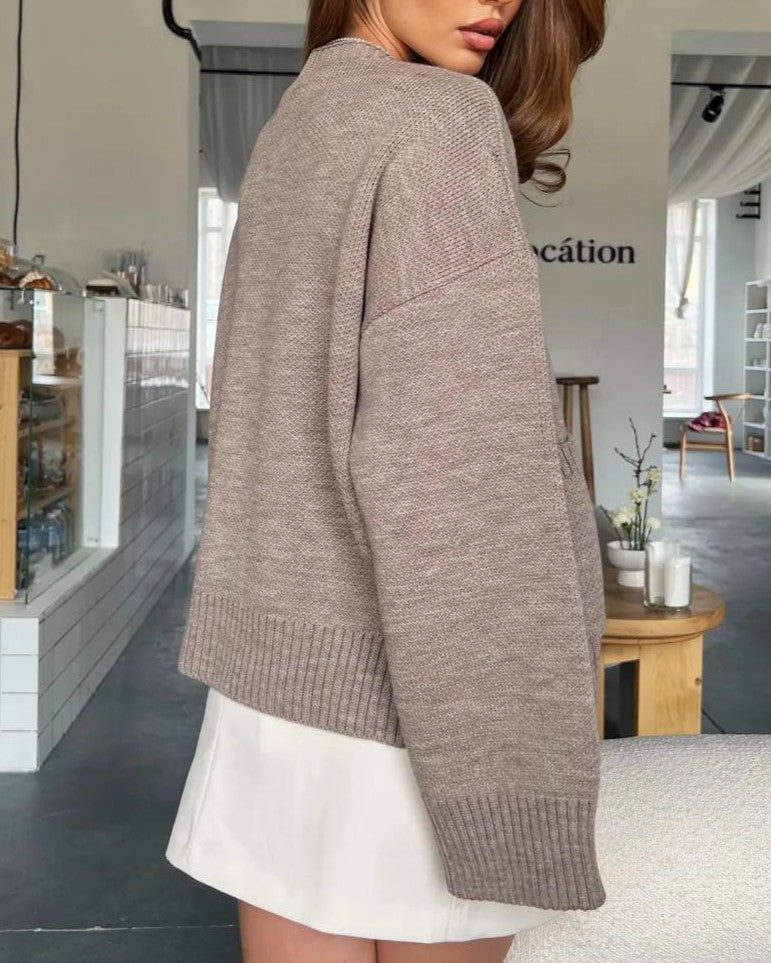 Relaxed V-Neck Pocket Button Knit Cardigan - Black - 2