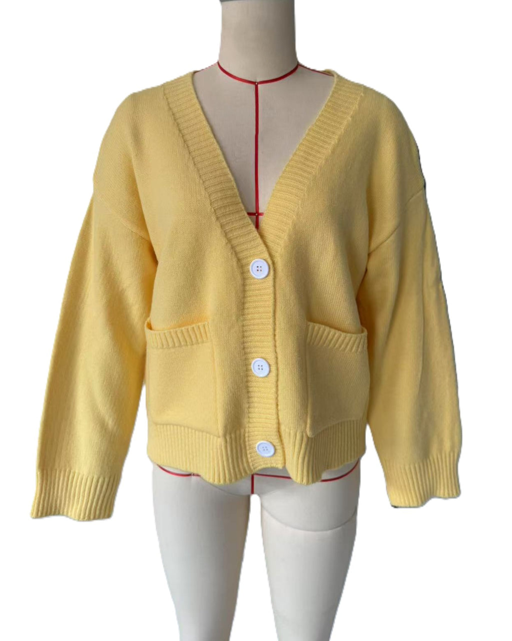 Relaxed V-Neck Pocket Button Knit Cardigan - Yellow