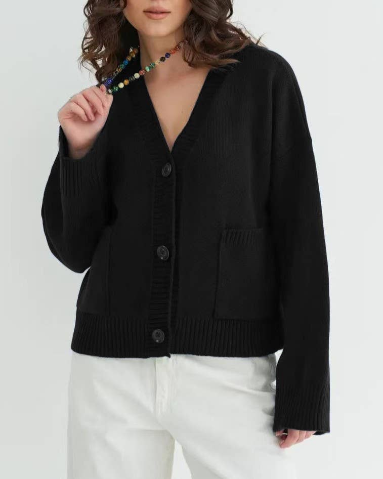Relaxed V-Neck Pocket Button Knit Cardigan
