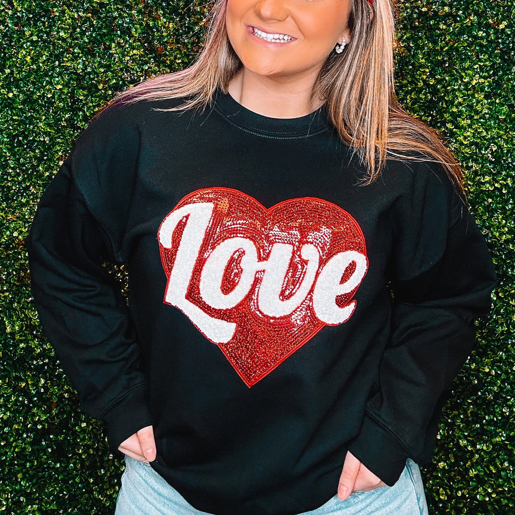 Sequin Heart Love Graphic Sweatshirt - Black
