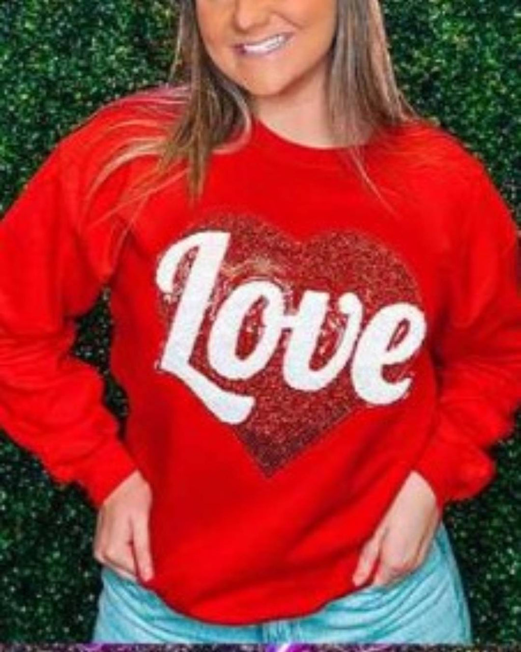 Sequin Heart Love Graphic Sweatshirt - Red