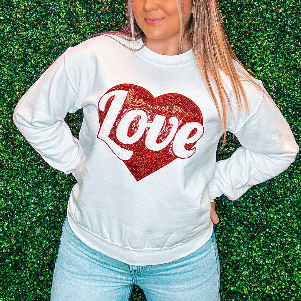 Sequin Heart Love Graphic Sweatshirt - White