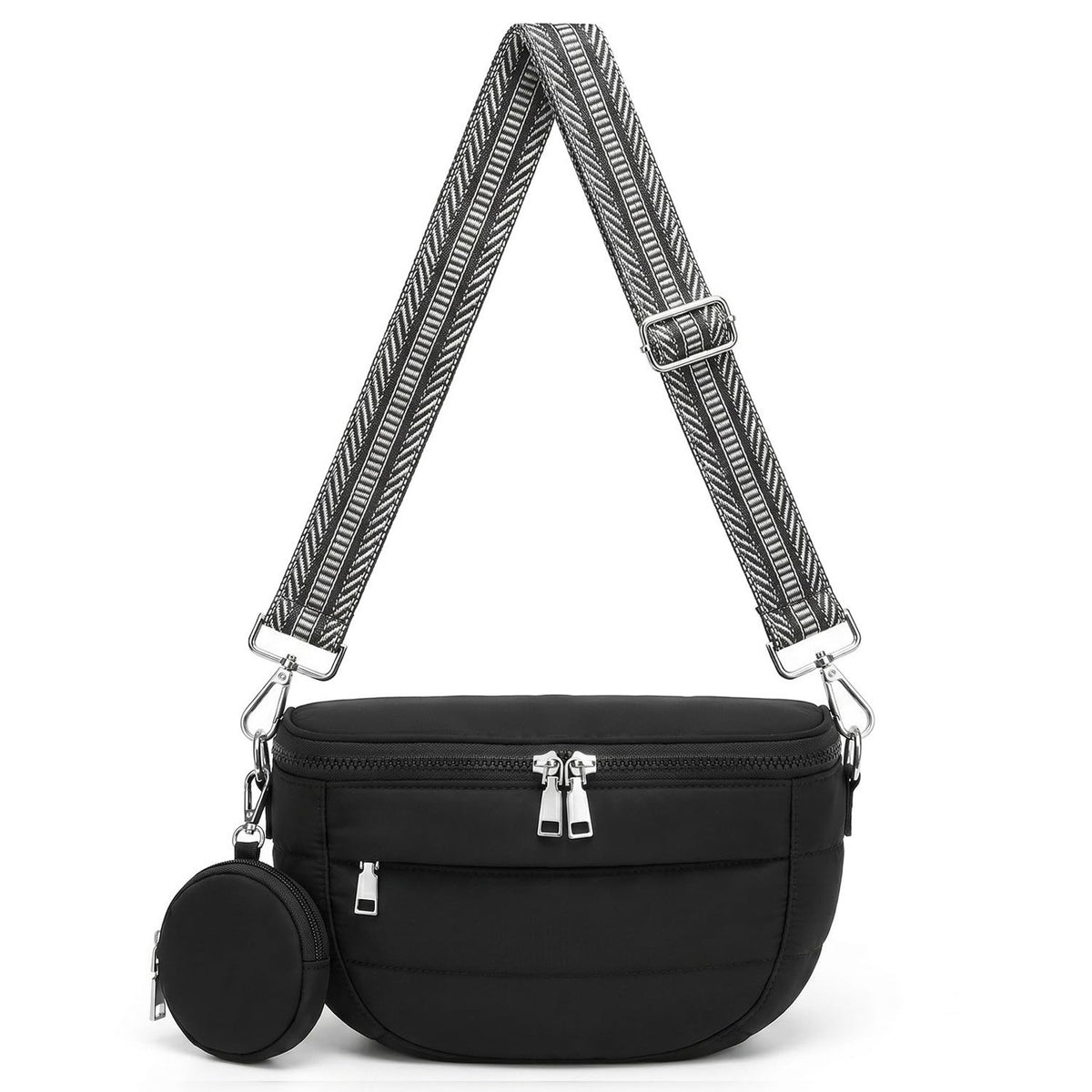 Quilted Puffer Crossbody Bag with Coin Pouch - Black