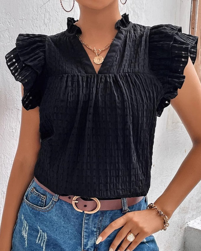 Ruffle Cap Sleeve Textured Split Neck Top - Black - 1