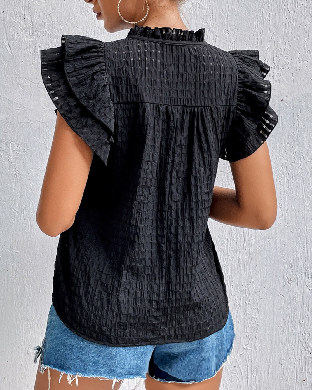 Ruffle Cap Sleeve Textured Split Neck Top - Black - 3
