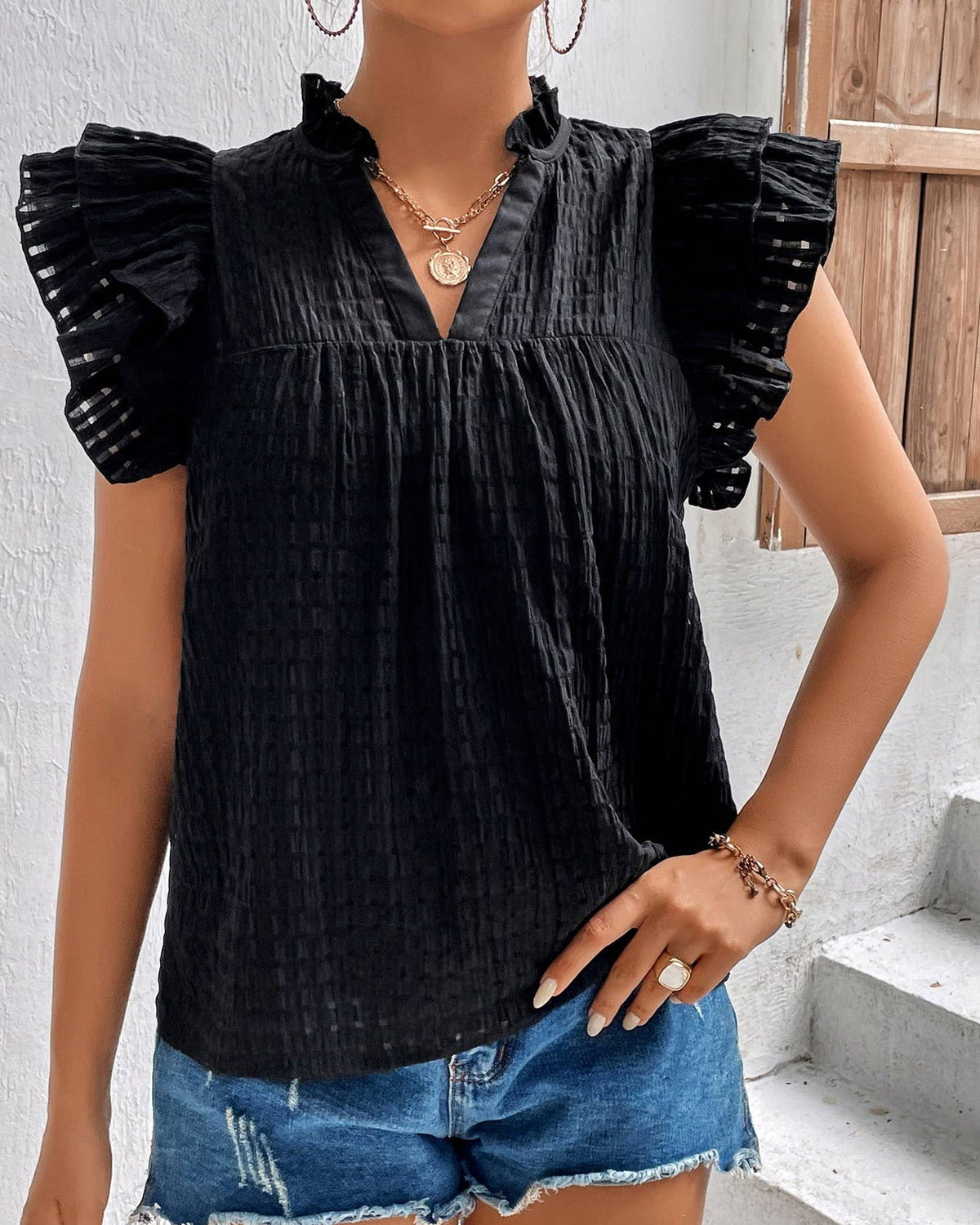 Ruffle Cap Sleeve Textured Split Neck Top