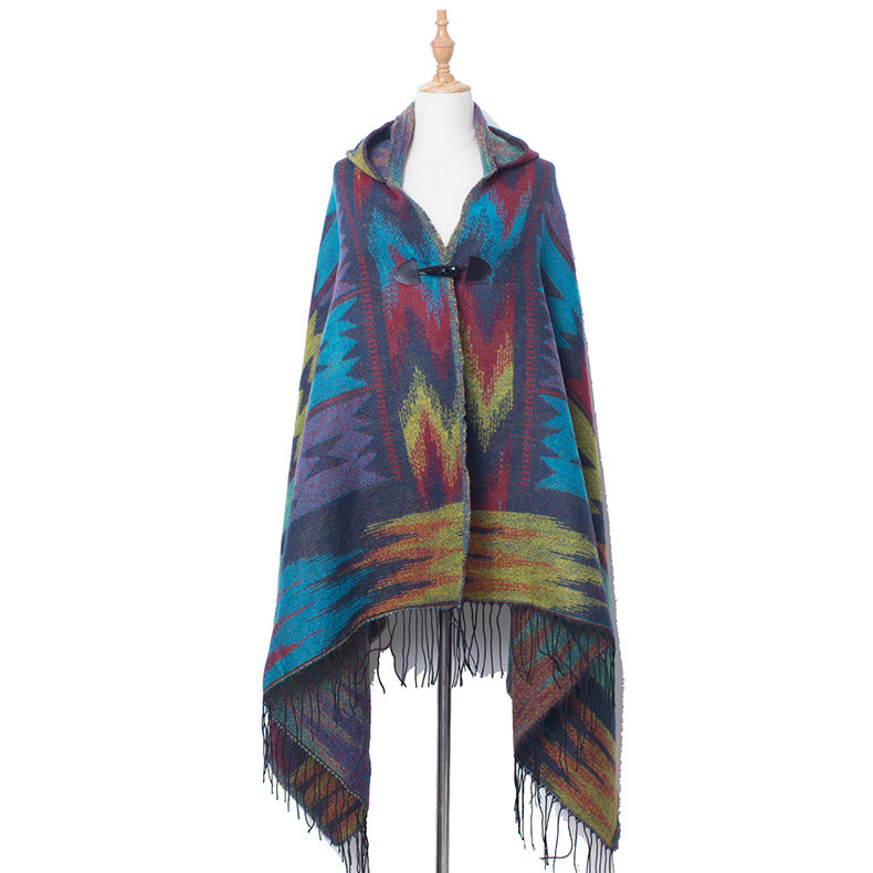Aztec Print Hooded Poncho With Toggle - Blue