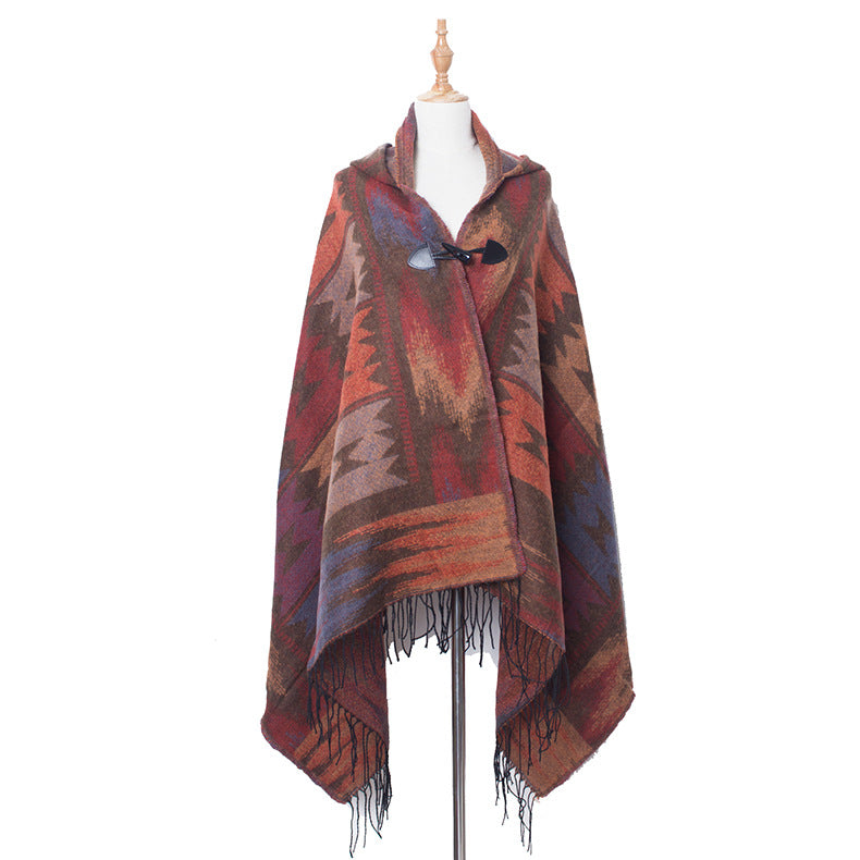 Aztec Print Hooded Poncho With Toggle - Brown