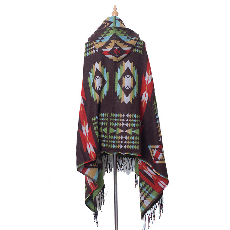 Aztec Print Hooded Poncho With Toggle - Coffee
