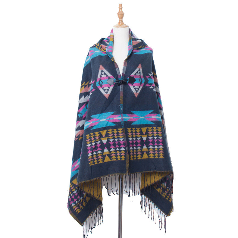 Aztec Print Hooded Poncho With Toggle - Navy