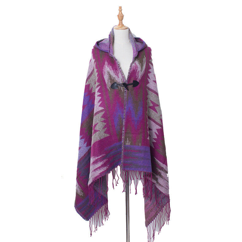 Aztec Print Hooded Poncho With Toggle - Purple