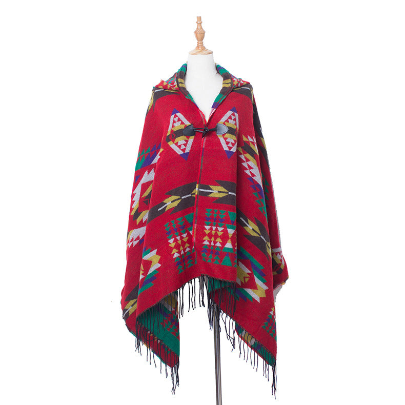 Aztec Print Hooded Poncho With Toggle - Red