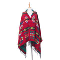 Aztec Print Hooded Poncho With Toggle - Red