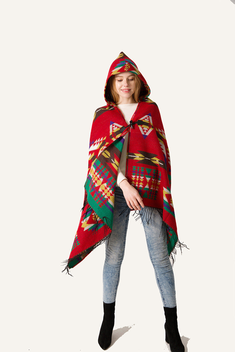 Aztec Print Hooded Poncho With Toggle - Red - 1