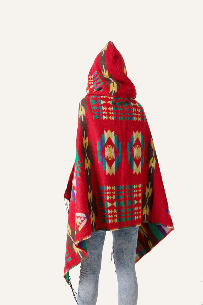 Aztec Print Hooded Poncho With Toggle - Red - 2