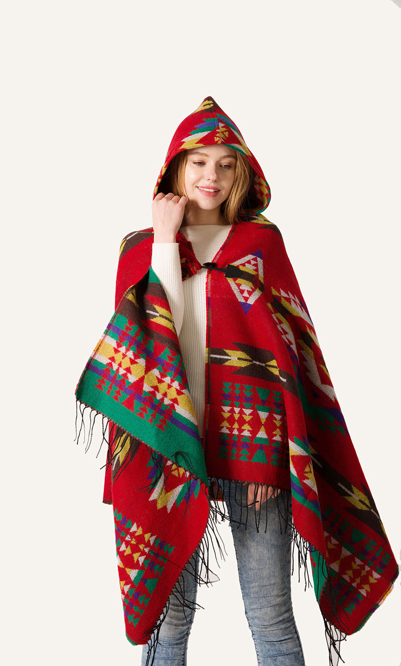 Aztec Print Hooded Poncho With Toggle - Red - 3