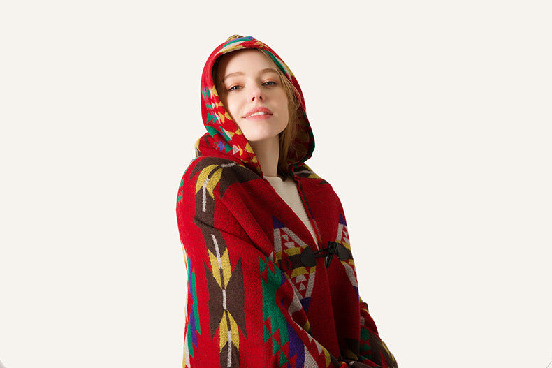 Aztec Print Hooded Poncho With Toggle - Red - 4