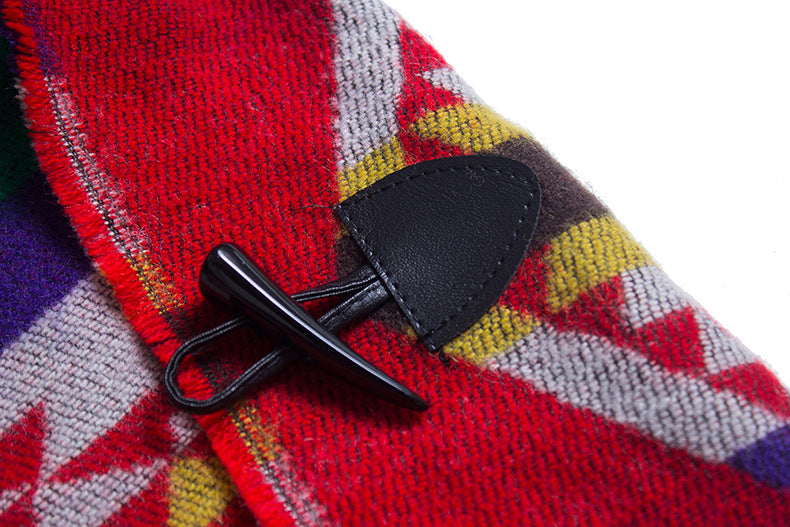 Aztec Print Hooded Poncho With Toggle - Red - 5