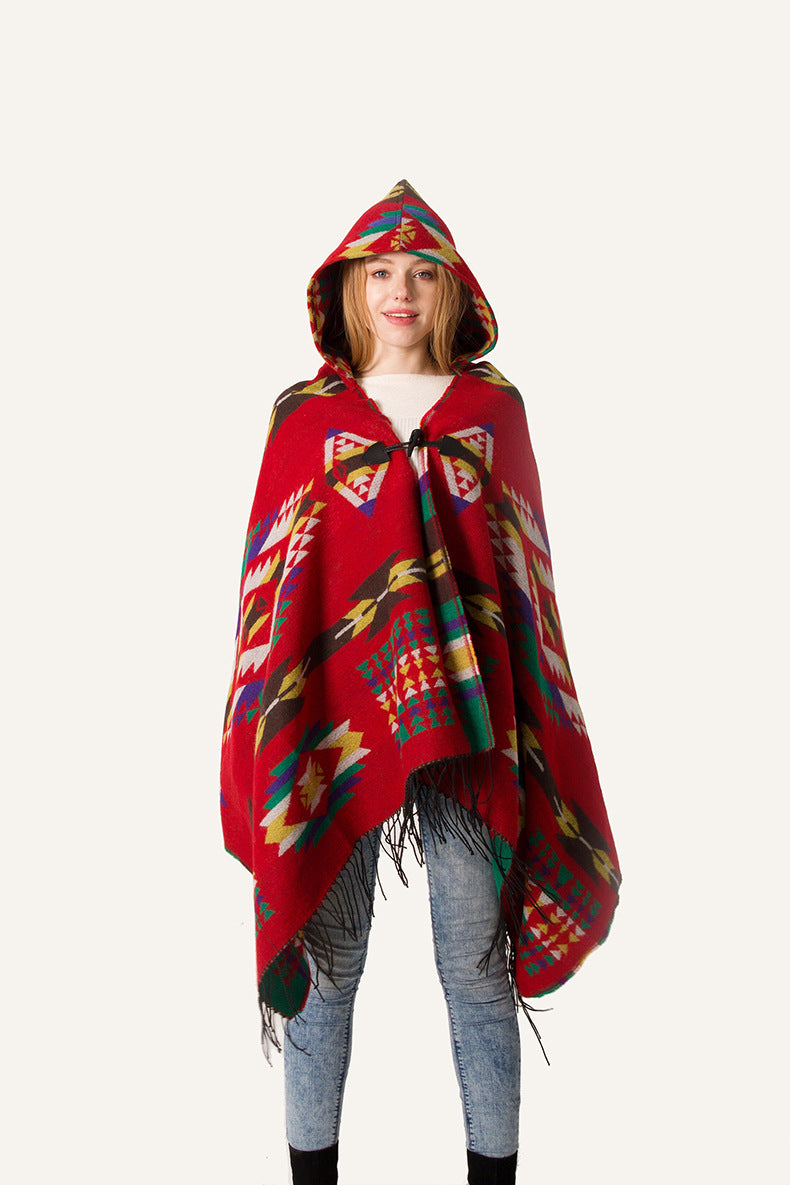 Aztec Print Hooded Poncho With Toggle - Red - 6