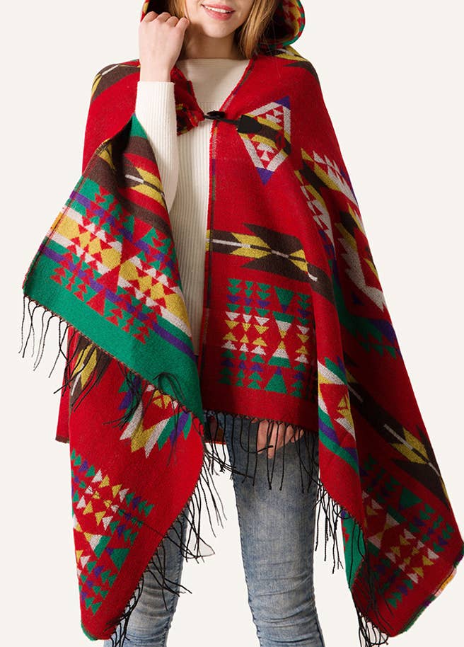 Aztec Print Hooded Poncho With Toggle