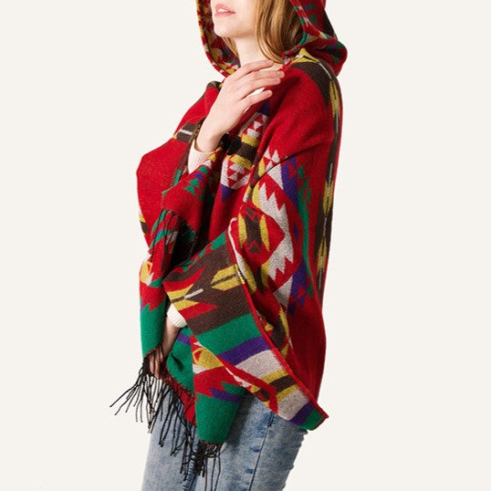 Aztec Print Hooded Poncho With Toggle - view 1