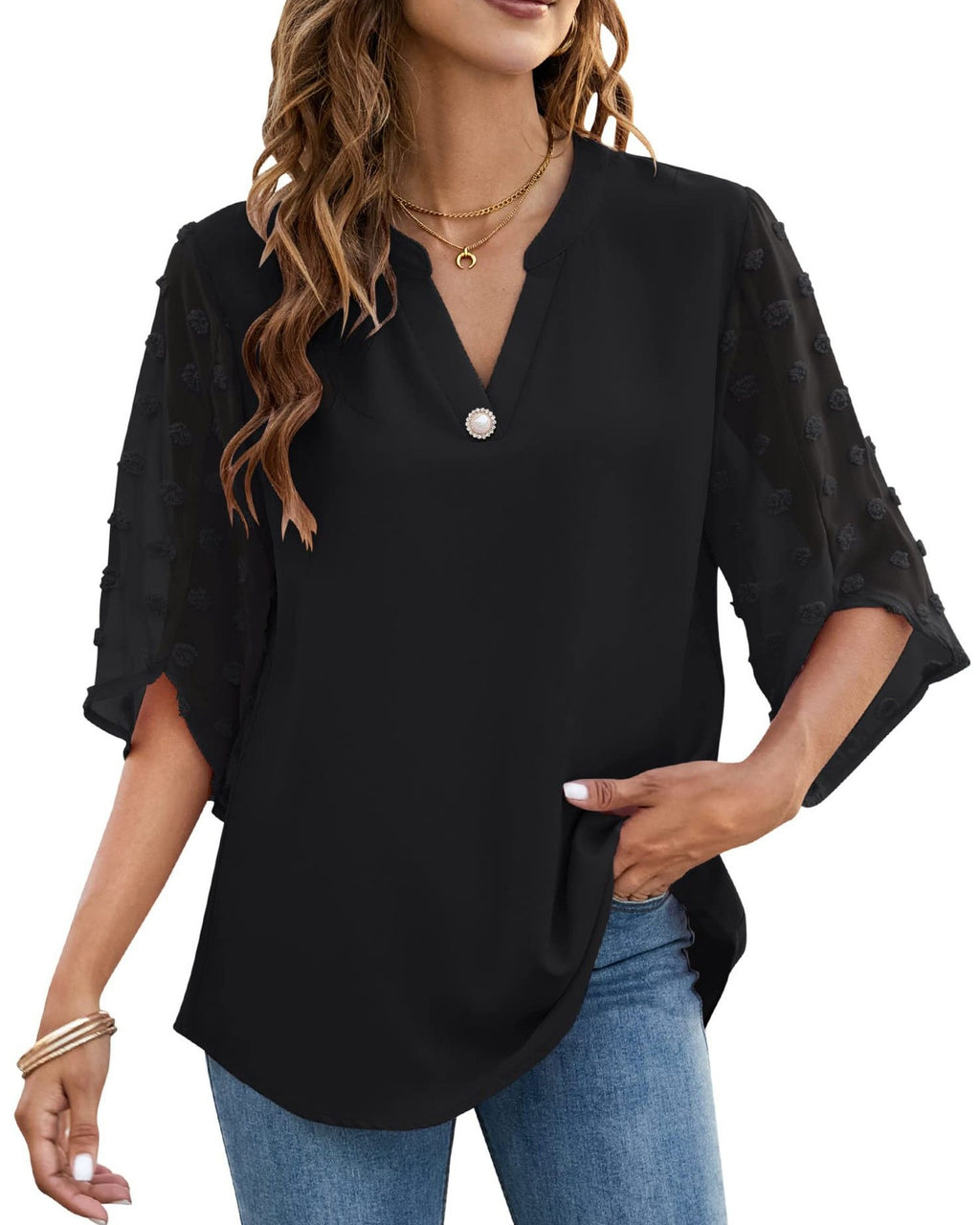 Swiss Dot Three Quarter Sleeve Notch Neck Blouse - Black