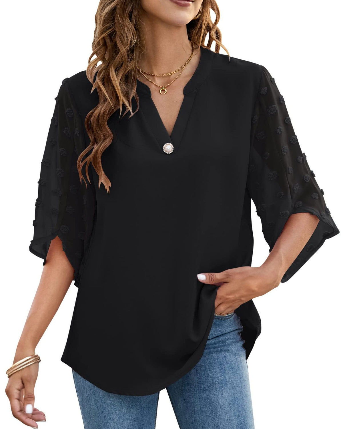 Swiss Dot Three Quarter Sleeve Notch Neck Blouse - Black