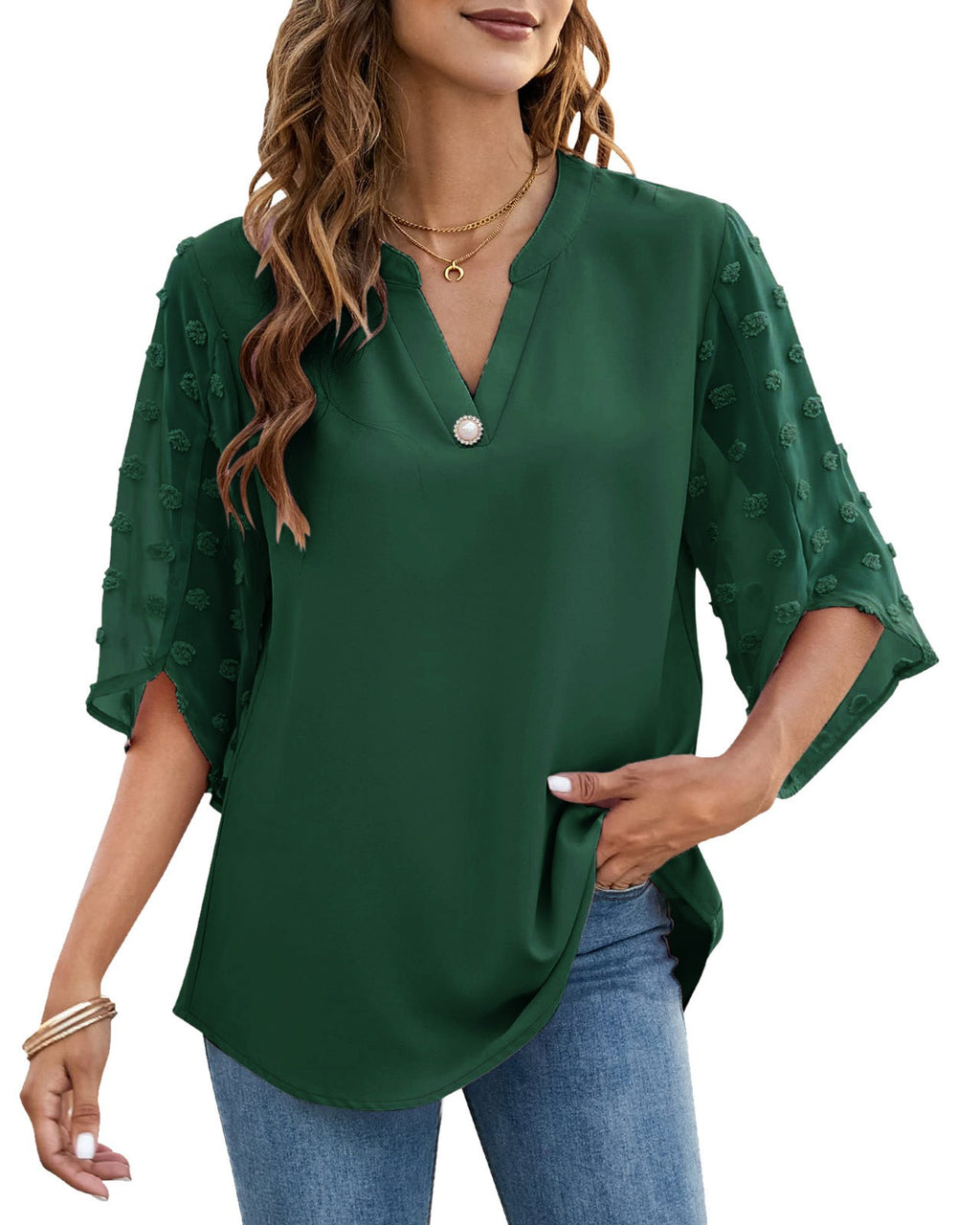 Swiss Dot Three Quarter Sleeve Notch Neck Blouse - Green