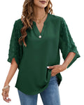 Swiss Dot Three Quarter Sleeve Notch Neck Blouse - Green