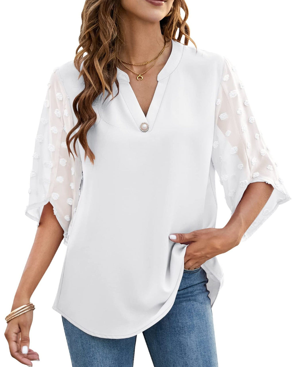 Swiss Dot Three Quarter Sleeve Notch Neck Blouse - White