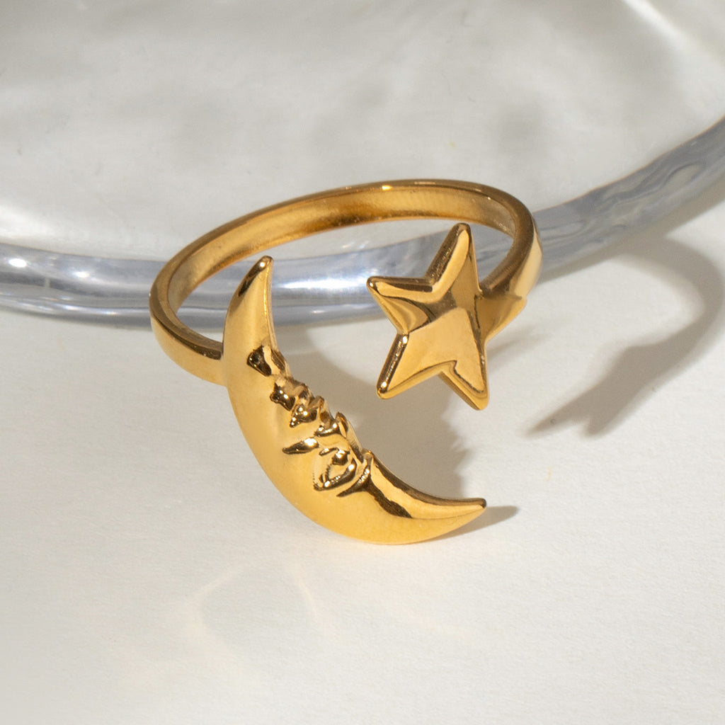 Crescent Moon and Star Open Ring - Gold