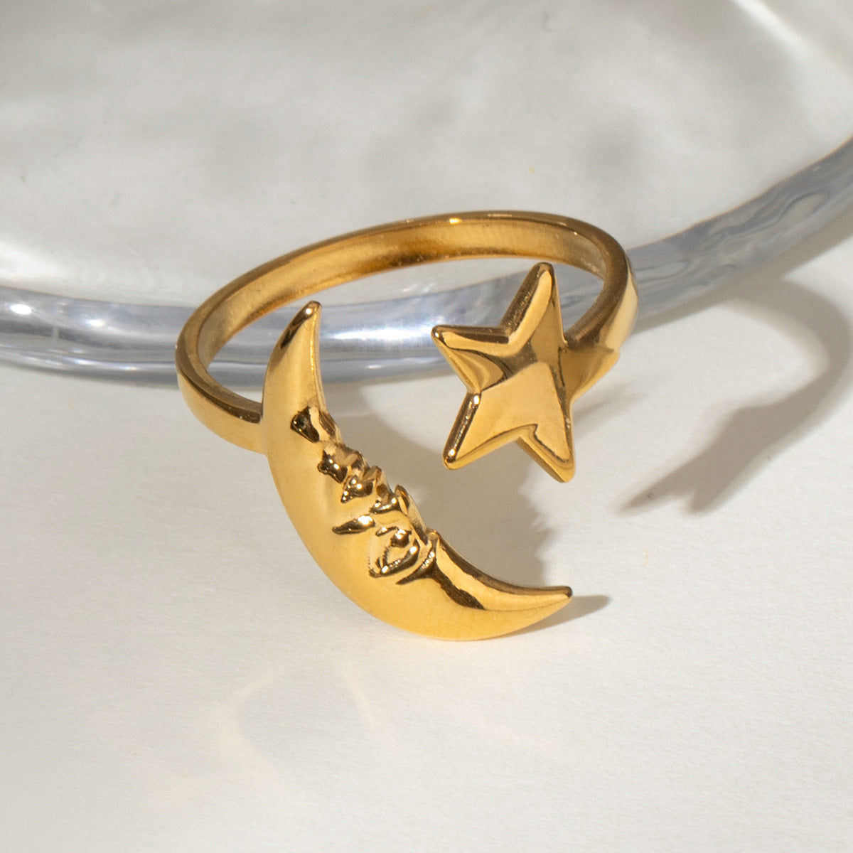 Crescent Moon and Star Open Ring - Gold