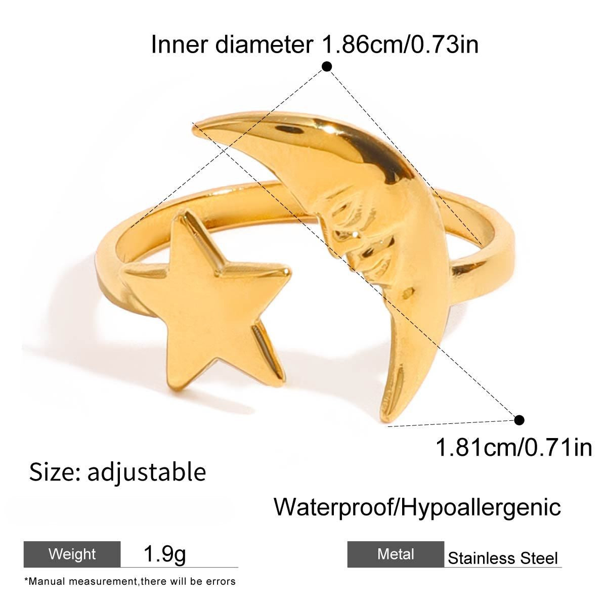 Crescent Moon and Star Open Ring - Gold - 1