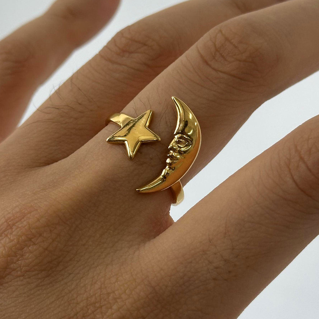 Crescent Moon and Star Open Ring - Gold - 2