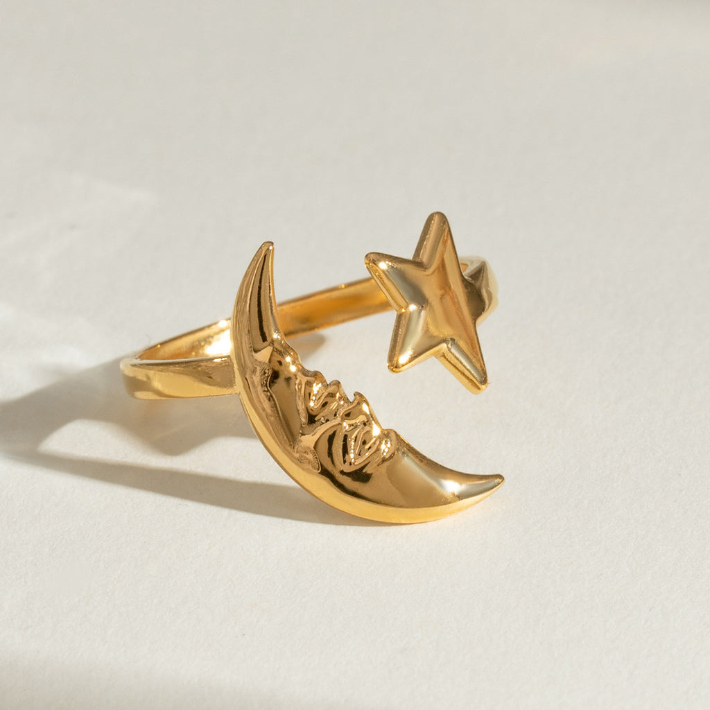 Crescent Moon and Star Open Ring - Gold - 3