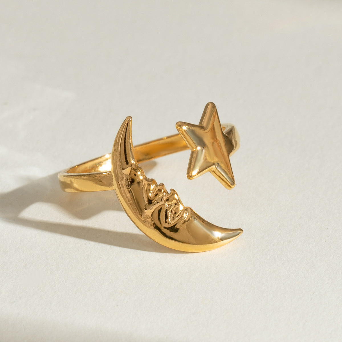 Crescent Moon and Star Open Ring - Gold - 3