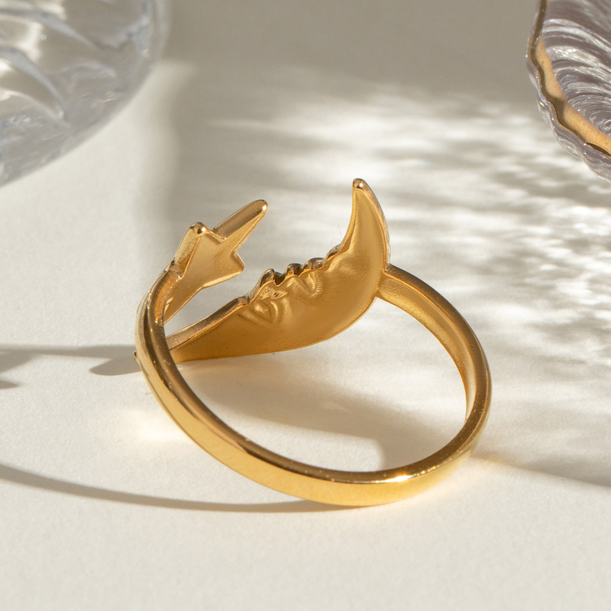 Crescent Moon and Star Open Ring - Gold - 4