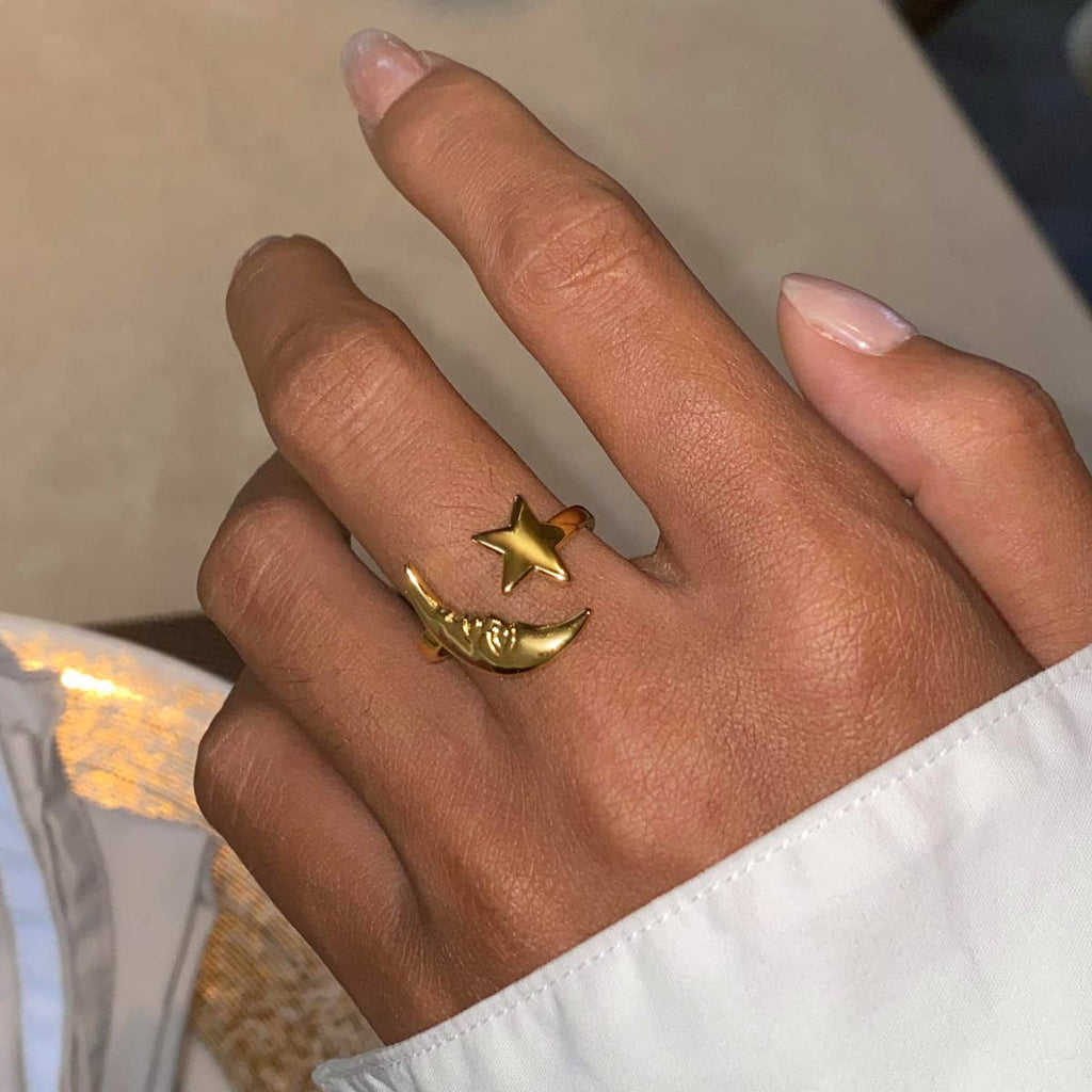 Crescent Moon and Star Open Ring