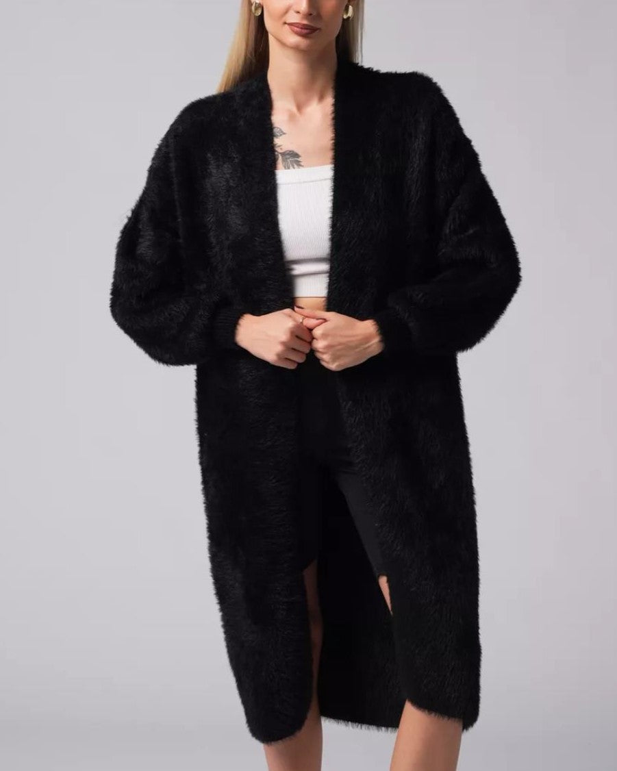 Plush Faux Fur Knit Maxi Cardigan - Black