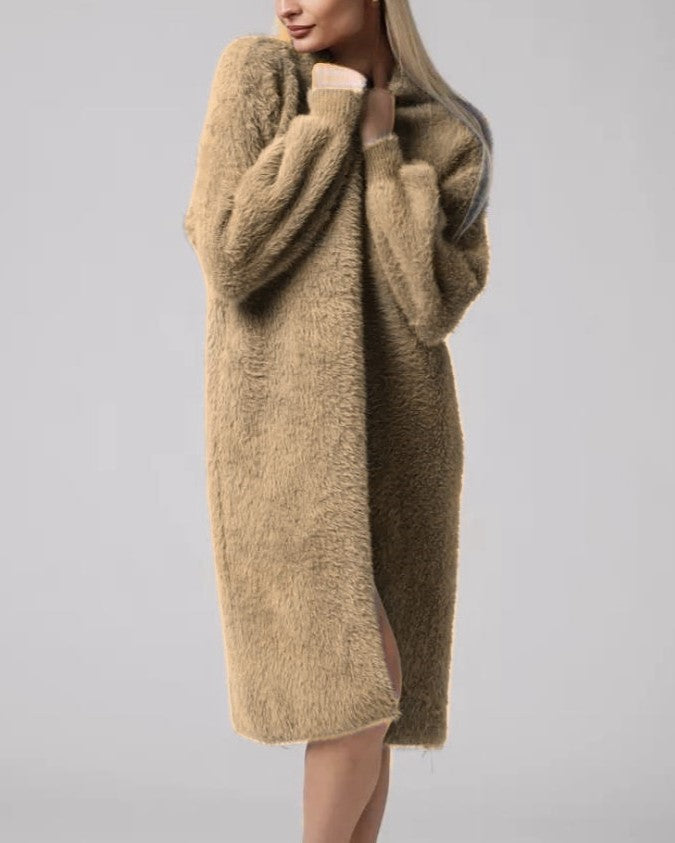 Plush Faux Fur Knit Maxi Cardigan - Camel