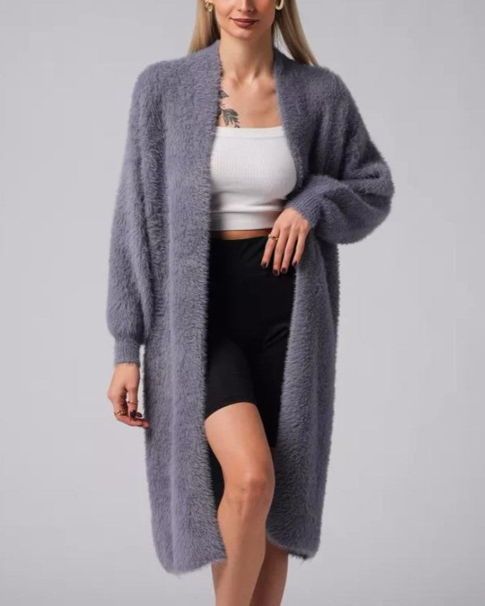 Plush Faux Fur Knit Maxi Cardigan - DarkGray