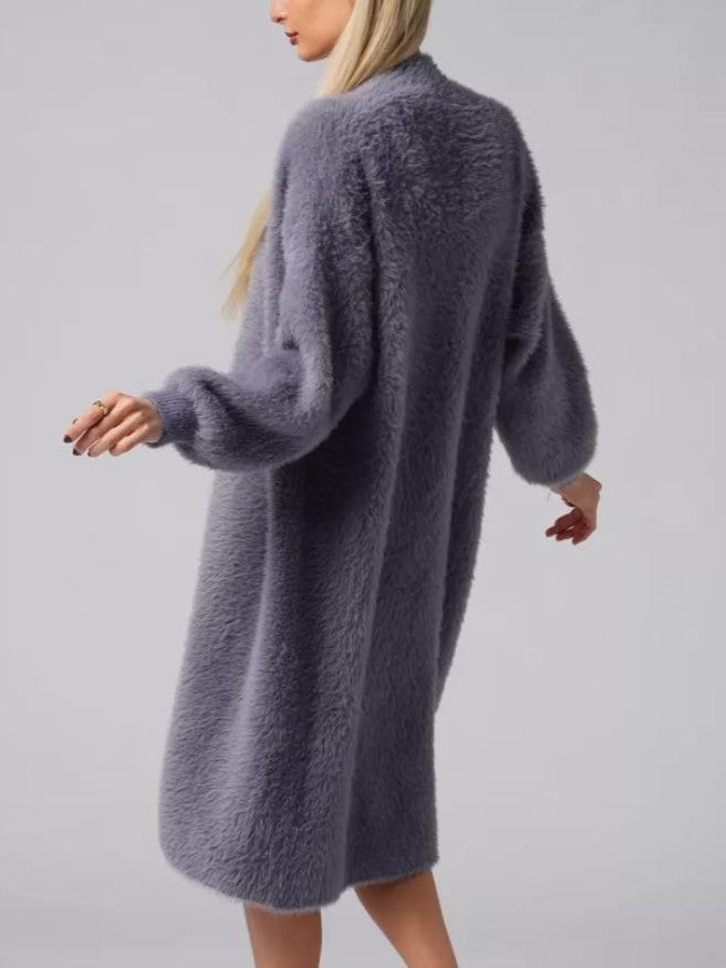Plush Faux Fur Knit Maxi Cardigan - DarkGray - 2