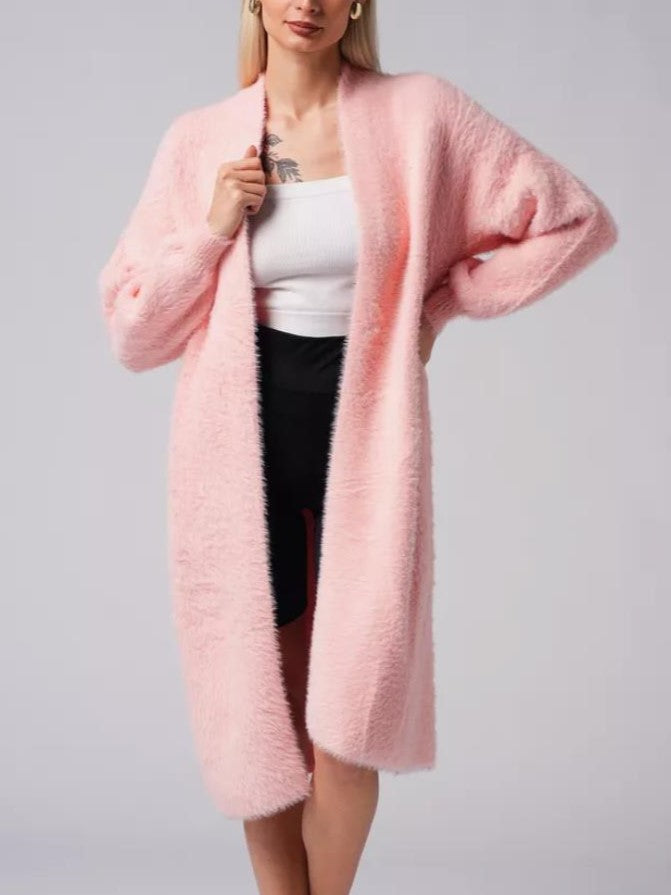 Plush Faux Fur Knit Maxi Cardigan - Pink