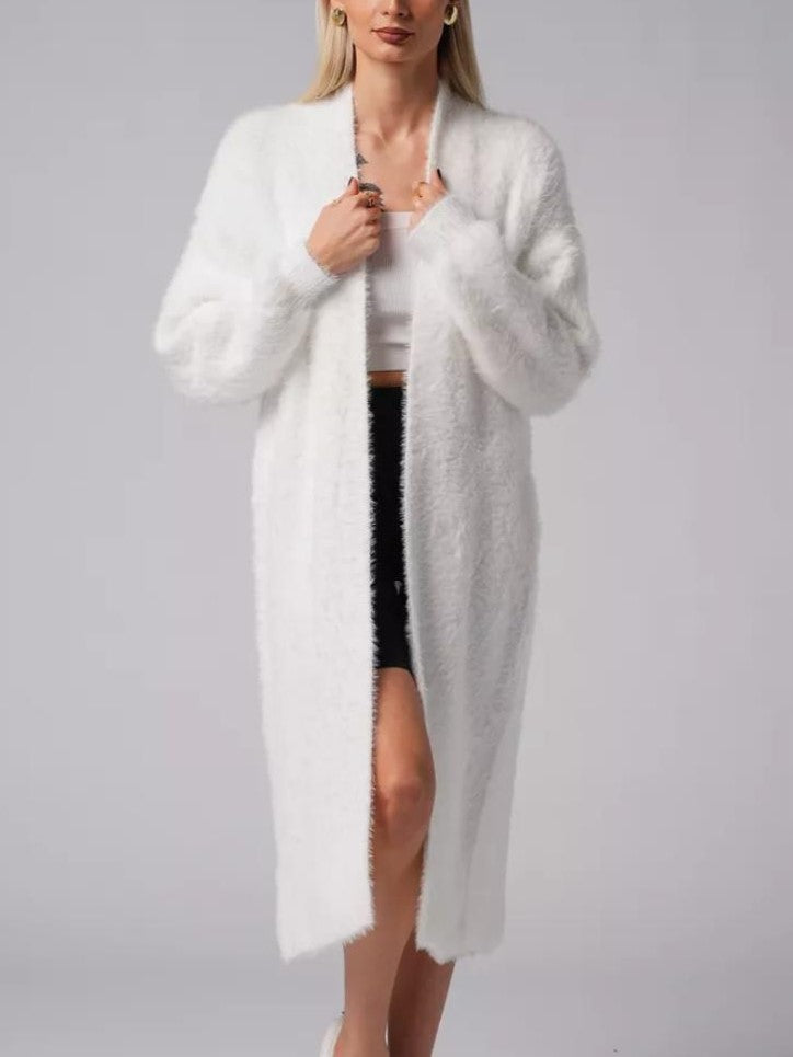 Plush Faux Fur Knit Maxi Cardigan - White