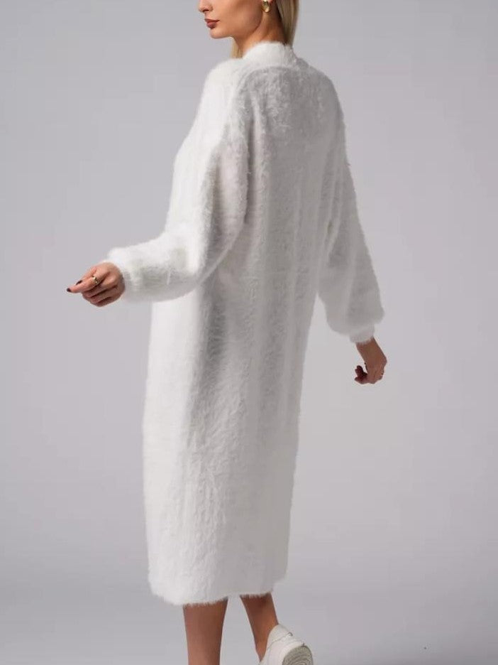 Plush Faux Fur Knit Maxi Cardigan - White - 1