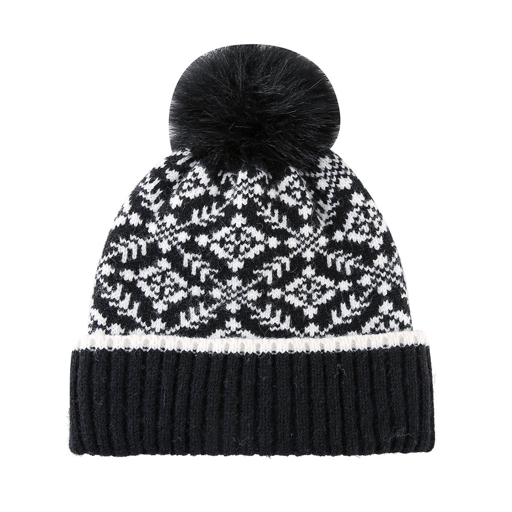 Snowflake Jacquard Pom Pom Beanie with Plush Lining - Black