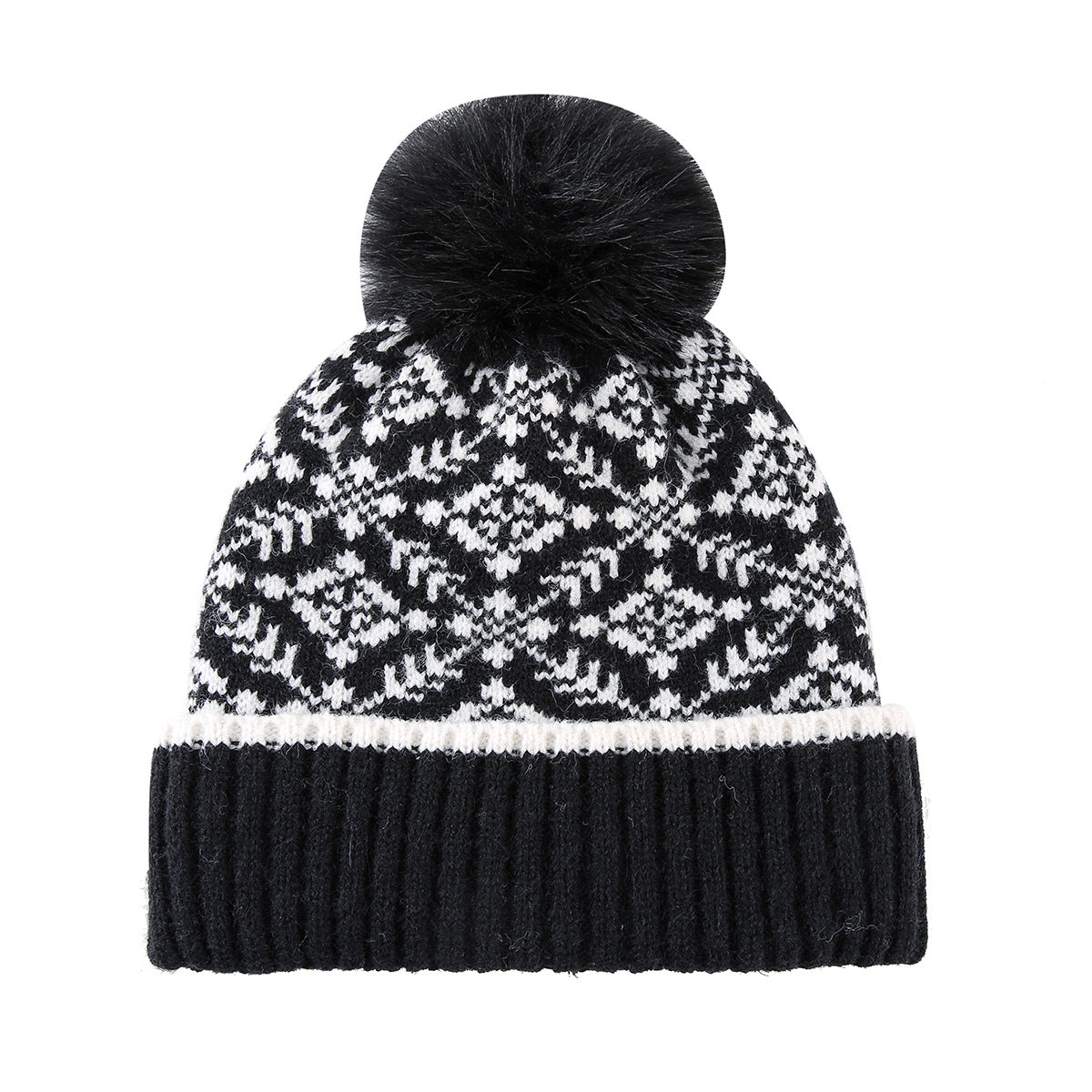 Snowflake Jacquard Pom Pom Beanie with Plush Lining - Black